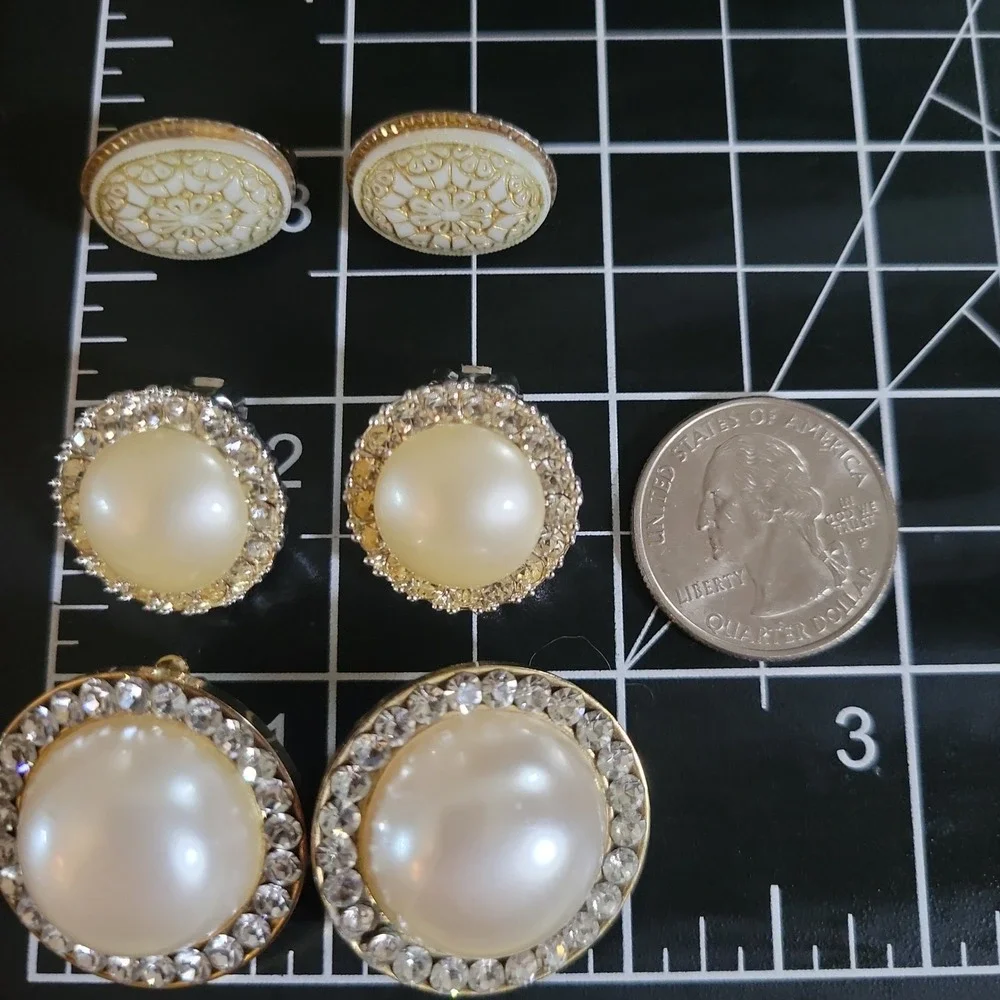 Vintage Faux Pearl Rhinestone Enamel Clip On Earrings Set 3 Pairs 80s
